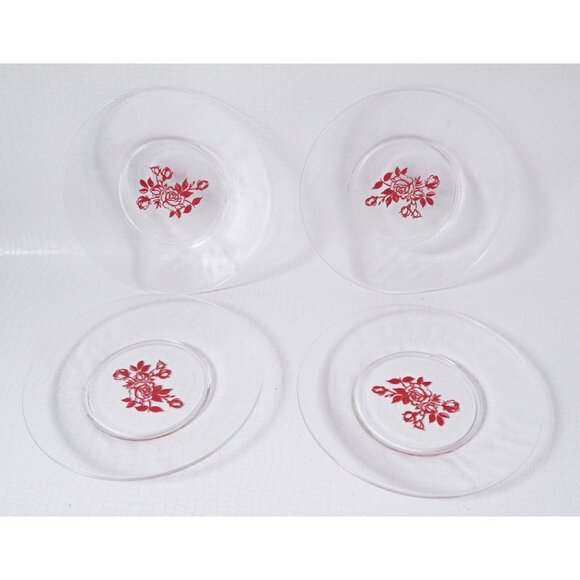 4 Sets of Dessert Bowls With Under Plate Red Rose Design Dominion Glass Vintage - Picture 5 of 6